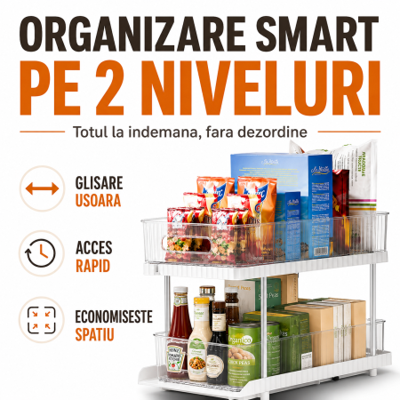 Casa si Gradina - Organizator glisant 2 niveluri pentru dulap si sub chiuveta alb transparent