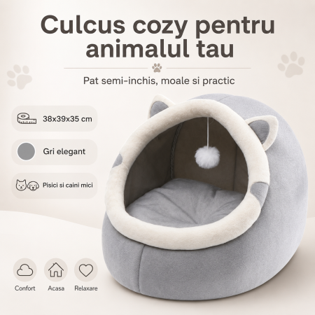 Animale de companie - Pat pisici semi-inchis 38x39x35 cm, bumbac si burete moale, gri, confortabil si rezistent, Gray, pentru caini si pisici - imagine principala produs