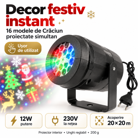 Decoratiuni - Proiector laser Crăciun multicolor cu 16 modele, 12W, unghi reglabil și acoperire de până la 20 x 20 m.