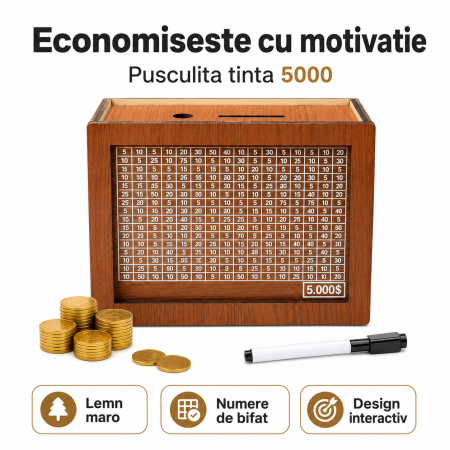 Decoratiuni - Pusculita din lemn, design interactiv, tinta 5000€ cu numere de bifat, maro - imagine principala produs
