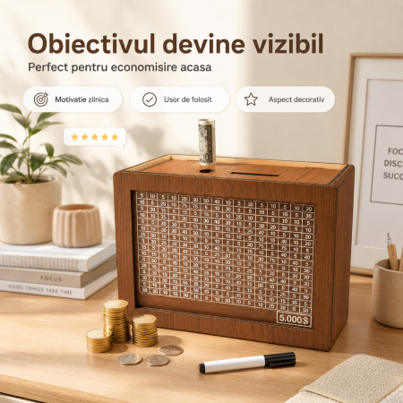 Pusculita din lemn, design interactiv, tinta 5000€ cu numere de bifat, maro - imagine principala produs [3]