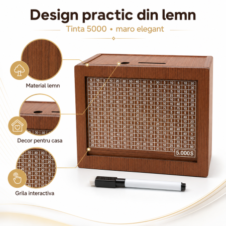 Pusculita din lemn, design interactiv, tinta 5000€ cu numere de bifat, maro - imagine principala produs [2]