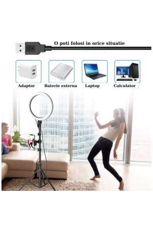 Ring Light LED 45 cm (18 inch), USB, 3 moduri lumina, trepied 210cm, Negru 45 cm, gadget modern - imagine principala produs [2]