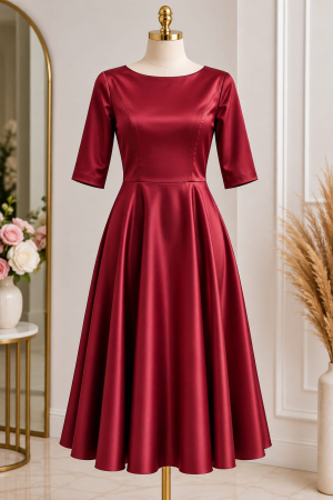 Rochii - Rochie elegantă de damă din tafta, culoare Bordo, cu mâneci 3/4 și croi amplu feminin.