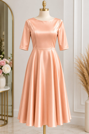Rochii - Rochie elegantă de damă din tafta, culoare Peach, cu mâneci 3/4 și croi amplu feminin.