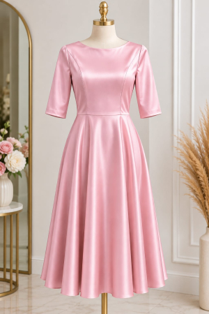 Rochii - Rochie elegantă de damă din tafta, culoare Roz, cu mâneci 3/4 și croi amplu feminin.
