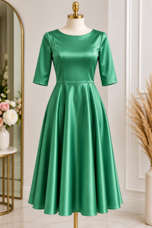 Rochii - Rochie elegantă de damă din tafta, culoare Verde, cu mâneci 3/4 și croi amplu feminin.