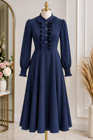 Rochii - Rochie lunga eleganta din voal cu volane decorative, nasturi si maneci lungi, Marimea XS, Bleumarin