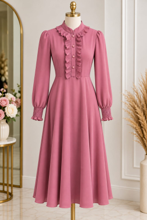 Rochii - Rochie lunga eleganta din voal cu volane decorative, nasturi si maneci lungi, Marimea XS, Roz Prafuit