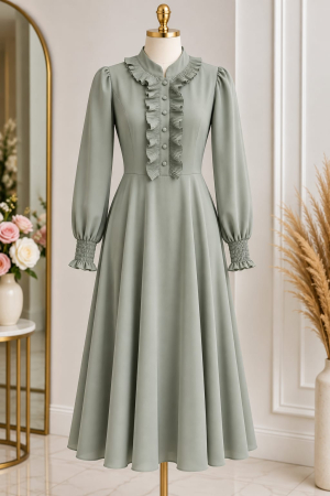Rochii - Rochie lunga eleganta din voal cu volane decorative, nasturi si maneci lungi, Marimea S, Verde Salvie