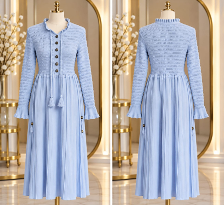 Rochii - Rochie lungă tricotată pentru femei Bleu Deschis, cu bust elastic încrețit, mâneci lungi, nasturi decorativi și ciucuri.