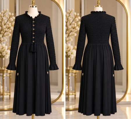 Rochii - Rochie lungă tricotată pentru femei Negru, cu bust elastic încrețit, mâneci lungi, nasturi decorativi și ciucuri.