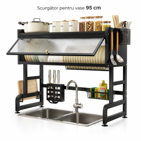 Scurgatoare vase si organizatoare bucatarie - Scurgator vase 2 niveluri, 95 cm, otel inoxidabil negru, organizator bucatarie