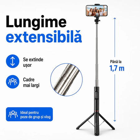 Selfie Stick cu trepied din inox, extensibil, maner detasabil pentru camera/telefon, Negru, gadget modern - imagine principala produs|Selfie Stick cu trepied din inox, extensibil, maner detasabil pentru camera/telefon, Negru, gadget modern - detaliu produs 2|Selfie Stick cu trepied din inox, extensibil, maner detasabil pentru camera/telefon, Negru, gadget modern - detaliu produs 3|Selfie Stick cu trepied din inox, extensibil, maner detasabil pentru camera/telefon, Negru, gadget modern - detaliu produs 4|Selfie Stick cu trepied din inox, extensibil, maner detasabil pentru camera/telefon, Negru, gadget modern - detaliu produs 5 [1]
