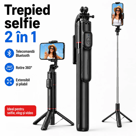 Electronice - Selfie Stick cu trepied din inox, extensibil, maner detasabil pentru camera/telefon, Negru, gadget modern - imagine principala produs|Selfie Stick cu trepied din inox, extensibil, maner detasabil pentru camera/telefon, Negru, gadget modern - detaliu produs 2|Selfie Stick cu trepied din inox, extensibil, maner detasabil pentru camera/telefon, Negru, gadget modern - detaliu produs 3|Selfie Stick cu trepied din inox, extensibil, maner detasabil pentru camera/telefon, Negru, gadget modern - detaliu produs 4|Selfie Stick cu trepied din inox, extensibil, maner detasabil pentru camera/telefon, Negru, gadget modern - detaliu produs 5