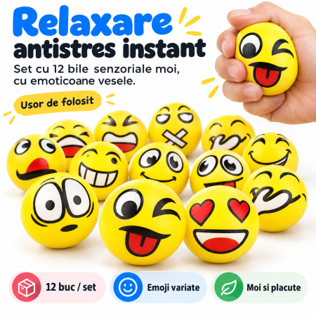 Jucării senzoriale și antistres - Set 12 bile squishy senzoriale Smiley Face, galbene și moi, jucărie antistres pentru copii.