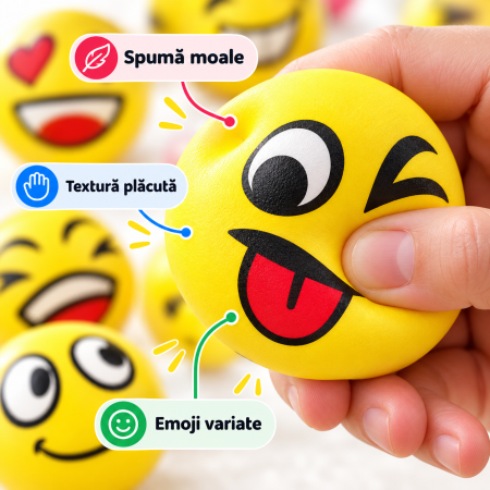 Set 12 bile squishy senzoriale Smiley Face, galbene și moi, jucărie antistres pentru copii. [4]