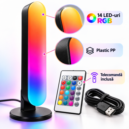 Set 2 lămpi LED RGB negre, 12 culori, 4 moduri, telecomandă, USB și lungime 26,5 cm. [3]