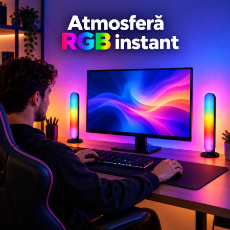 Iluminat - Set 2 lămpi LED RGB negre, 12 culori, 4 moduri, telecomandă, USB și lungime 26,5 cm.