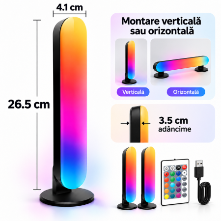 Set 2 lămpi LED RGB negre, 12 culori, 4 moduri, telecomandă, USB și lungime 26,5 cm. [4]