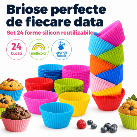 Casa si Gradina - Set 24 Forme Briose din Silicon Alimentar, Reutilizabile, 6.5 cm, Multicolor