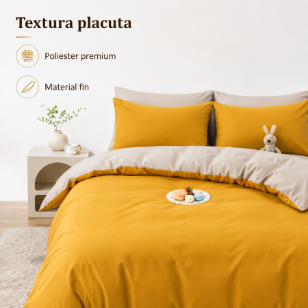 Set 3 piese lenjerie pat dublu galben, hipoalergica, doua fete, poliester premium - imagine principala produs [4]