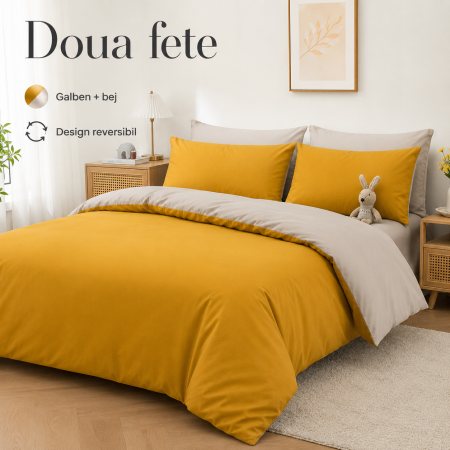Set 3 piese lenjerie pat dublu galben, hipoalergica, doua fete, poliester premium - imagine principala produs [2]