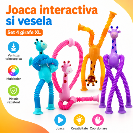 Jucarii interactive - Set 4 jucarii interactive Girafe XL cu ventuza telescopica, plastic rezistent, multicolor, pentru copii - imagine principala produs