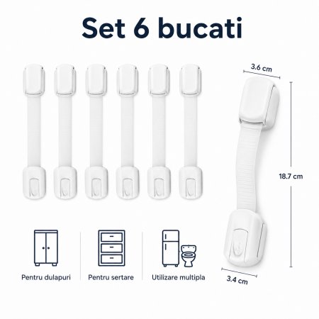 Set 6 sigurante universale pentru usi si sertare, adeziv puternic, ajustabile pe lungime, alb, pentru copii - imagine principala produs [3]