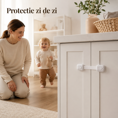 Set 6 sigurante universale pentru usi si sertare, adeziv puternic, ajustabile pe lungime, alb, pentru copii - imagine principala produs [5]