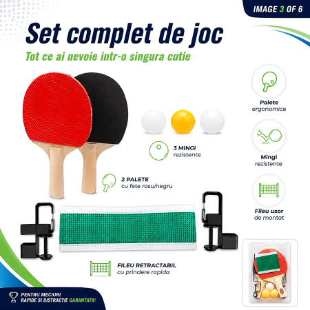 Jucarii - Set Antrenament Tenis de Masa - 2 Palete Ping Pong, 3 Mingi, Fileu Reglabil, Interior & Exterior, pentru copii - imagine principala produs