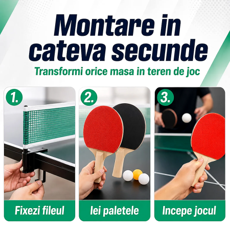 Set Antrenament Tenis de Masa - 2 Palete Ping Pong, 3 Mingi, Fileu Reglabil, Interior & Exterior, pentru copii - imagine principala produs [3]