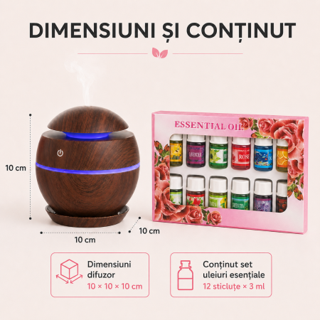 Set aromaterapie 13 piese, difuzor ultrasonic 200 ml cu LED, maro închis și 12 uleiuri esențiale x 3 ml [4]