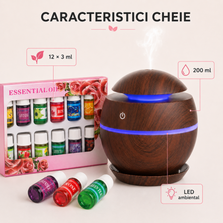 Set aromaterapie 13 piese, difuzor ultrasonic 200 ml cu LED, maro închis și 12 uleiuri esențiale x 3 ml [3]