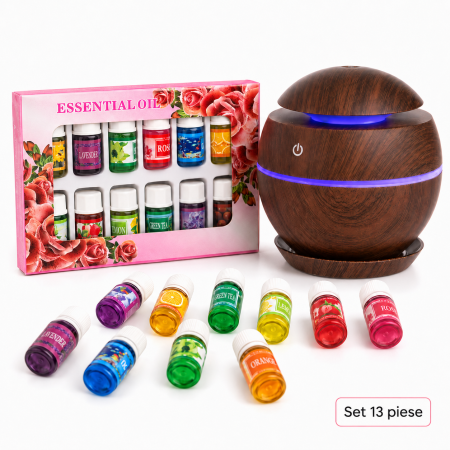 Set aromaterapie 13 piese, difuzor ultrasonic 200 ml cu LED, maro închis și 12 uleiuri esențiale x 3 ml [6]