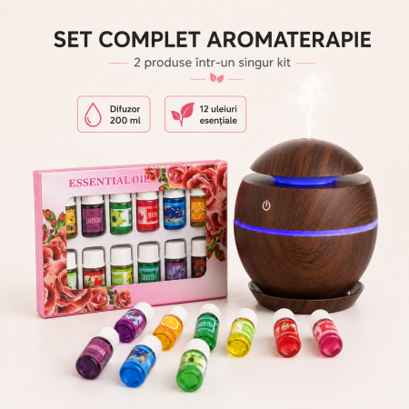 Sanatate si confort - Set aromaterapie 13 piese, difuzor ultrasonic 200 ml cu LED, maro închis și 12 uleiuri esențiale x 3 ml
