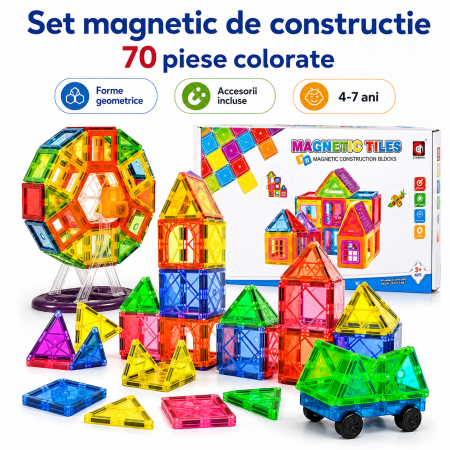 Jucarii - Set Constructie Magnetic 70 Piese Colorate pentru Copii