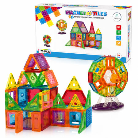 Jucarii - Set constructie Magnetic Tiles 3D, 70 piese magnetice, plastic ABS, multicolor