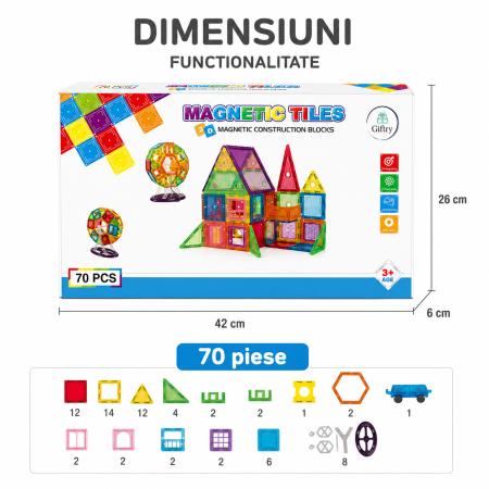 Set constructie Magnetic Tiles 3D, 70 piese magnetice, plastic ABS, multicolor [4]
