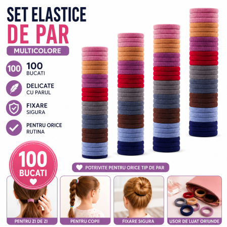 Accesorii par - Set de 100 bucati elastice pentru par multicolore, pentru rutina beauty - imagine principala produs
