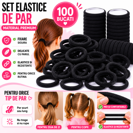Set elastice de par, material premium, negru, 100 bucati, pentru rutina beauty - imagine principala produs [1]