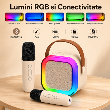 Set Karaoke Portabil Boxa Bluetooth 5.3, 2 Microfoane Wireless, LED RGB, USB-C, Bej, gadget modern - imagine principala produs|Set Karaoke Portabil Boxa Bluetooth 5.3, 2 Microfoane Wireless, LED RGB, USB-C, Bej, gadget modern - detaliu produs 2|Set Karaoke Portabil Boxa Bluetooth 5.3, 2 Microfoane Wireless, LED RGB, USB-C, Bej, gadget modern - detaliu produs 3|Set Karaoke Portabil Boxa Bluetooth 5.3, 2 Microfoane Wireless, LED RGB, USB-C, Bej, gadget modern - detaliu produs 4|Set Karaoke Portabil Boxa Bluetooth 5.3, 2 Microfoane Wireless, LED RGB, USB-C, Bej, gadget modern - detaliu produs 5 [2]