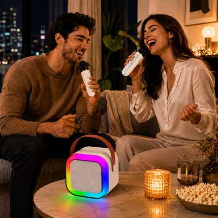 Set Karaoke Portabil Boxa Bluetooth 5.3, 2 Microfoane Wireless, LED RGB, USB-C, Bej, gadget modern - imagine principala produs|Set Karaoke Portabil Boxa Bluetooth 5.3, 2 Microfoane Wireless, LED RGB, USB-C, Bej, gadget modern - detaliu produs 2|Set Karaoke Portabil Boxa Bluetooth 5.3, 2 Microfoane Wireless, LED RGB, USB-C, Bej, gadget modern - detaliu produs 3|Set Karaoke Portabil Boxa Bluetooth 5.3, 2 Microfoane Wireless, LED RGB, USB-C, Bej, gadget modern - detaliu produs 4|Set Karaoke Portabil Boxa Bluetooth 5.3, 2 Microfoane Wireless, LED RGB, USB-C, Bej, gadget modern - detaliu produs 5 [4]