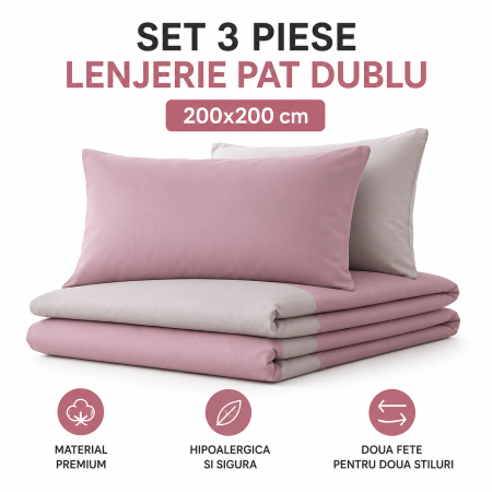 Casa si Gradina - Set Lenjerie Pat Dublu, 3 Piese, Hipoalergica, Doua Fete, Roz/Gri