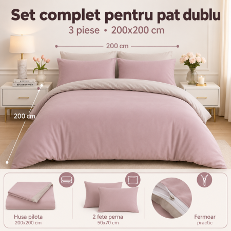 Set Lenjerie Pat Dublu, 3 Piese, Hipoalergica, Doua Fete, Roz/Gri [2]