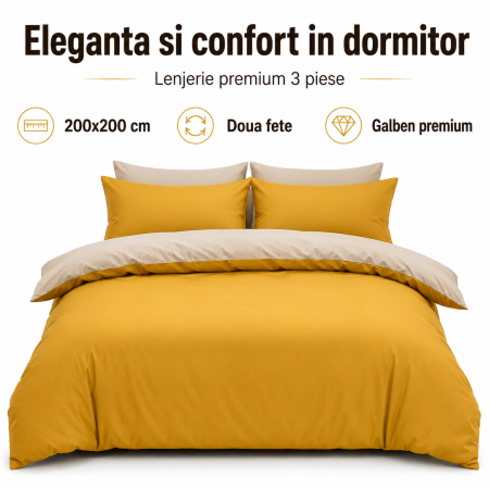 Lenjerie pat - Set lenjerie pat dublu 3 piese, hipoalergica, galben, poliester premium, design cu doua fete