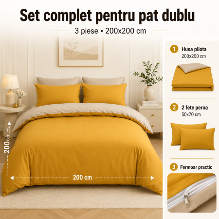 Set lenjerie pat dublu 3 piese, hipoalergica, galben, poliester premium, design cu doua fete [2]