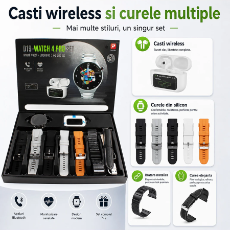 Set Smartwatch D19 Watch 4 Pro, Apeluri wireless, Apeluri Bluetooth, IP67, Multicolor, gadget modern - imagine principala produs|Set Smartwatch D19 Watch 4 Pro, Apeluri wireless, Apeluri Bluetooth, IP67, Multicolor, gadget modern - detaliu produs 2|Set Smartwatch D19 Watch 4 Pro, Apeluri wireless, Apeluri Bluetooth, IP67, Multicolor, gadget modern - detaliu produs 3|Set Smartwatch D19 Watch 4 Pro, Apeluri wireless, Apeluri Bluetooth, IP67, Multicolor, gadget modern - detaliu produs 4|Set Smartwatch D19 Watch 4 Pro, Apeluri wireless, Apeluri Bluetooth, IP67, Multicolor, gadget modern - detaliu produs 5|Set Smartwatch D19 Watch 4 Pro, Apeluri wireless, Apeluri Bluetooth, IP67, Multicolor, gadget modern - detaliu produs 6|Set Smartwatch D19 Watch 4 Pro, Apeluri wireless, Apeluri Bluetooth, IP67, Multicolor, gadget modern - detaliu produs 7 [3]