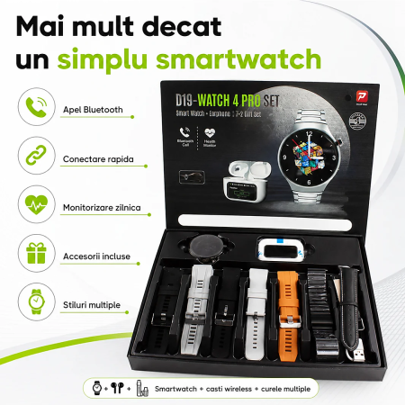 Set Smartwatch D19 Watch 4 Pro, Apeluri wireless, Apeluri Bluetooth, IP67, Multicolor, gadget modern - imagine principala produs|Set Smartwatch D19 Watch 4 Pro, Apeluri wireless, Apeluri Bluetooth, IP67, Multicolor, gadget modern - detaliu produs 2|Set Smartwatch D19 Watch 4 Pro, Apeluri wireless, Apeluri Bluetooth, IP67, Multicolor, gadget modern - detaliu produs 3|Set Smartwatch D19 Watch 4 Pro, Apeluri wireless, Apeluri Bluetooth, IP67, Multicolor, gadget modern - detaliu produs 4|Set Smartwatch D19 Watch 4 Pro, Apeluri wireless, Apeluri Bluetooth, IP67, Multicolor, gadget modern - detaliu produs 5|Set Smartwatch D19 Watch 4 Pro, Apeluri wireless, Apeluri Bluetooth, IP67, Multicolor, gadget modern - detaliu produs 6|Set Smartwatch D19 Watch 4 Pro, Apeluri wireless, Apeluri Bluetooth, IP67, Multicolor, gadget modern - detaliu produs 7 [4]