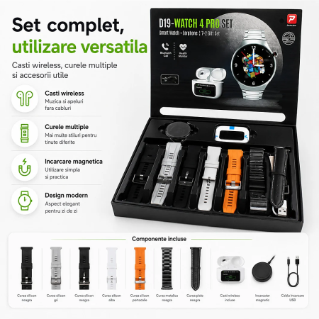 Set Smartwatch D19 Watch 4 Pro, Apeluri wireless, Apeluri Bluetooth, IP67, Multicolor, gadget modern - imagine principala produs|Set Smartwatch D19 Watch 4 Pro, Apeluri wireless, Apeluri Bluetooth, IP67, Multicolor, gadget modern - detaliu produs 2|Set Smartwatch D19 Watch 4 Pro, Apeluri wireless, Apeluri Bluetooth, IP67, Multicolor, gadget modern - detaliu produs 3|Set Smartwatch D19 Watch 4 Pro, Apeluri wireless, Apeluri Bluetooth, IP67, Multicolor, gadget modern - detaliu produs 4|Set Smartwatch D19 Watch 4 Pro, Apeluri wireless, Apeluri Bluetooth, IP67, Multicolor, gadget modern - detaliu produs 5|Set Smartwatch D19 Watch 4 Pro, Apeluri wireless, Apeluri Bluetooth, IP67, Multicolor, gadget modern - detaliu produs 6|Set Smartwatch D19 Watch 4 Pro, Apeluri wireless, Apeluri Bluetooth, IP67, Multicolor, gadget modern - detaliu produs 7 [6]